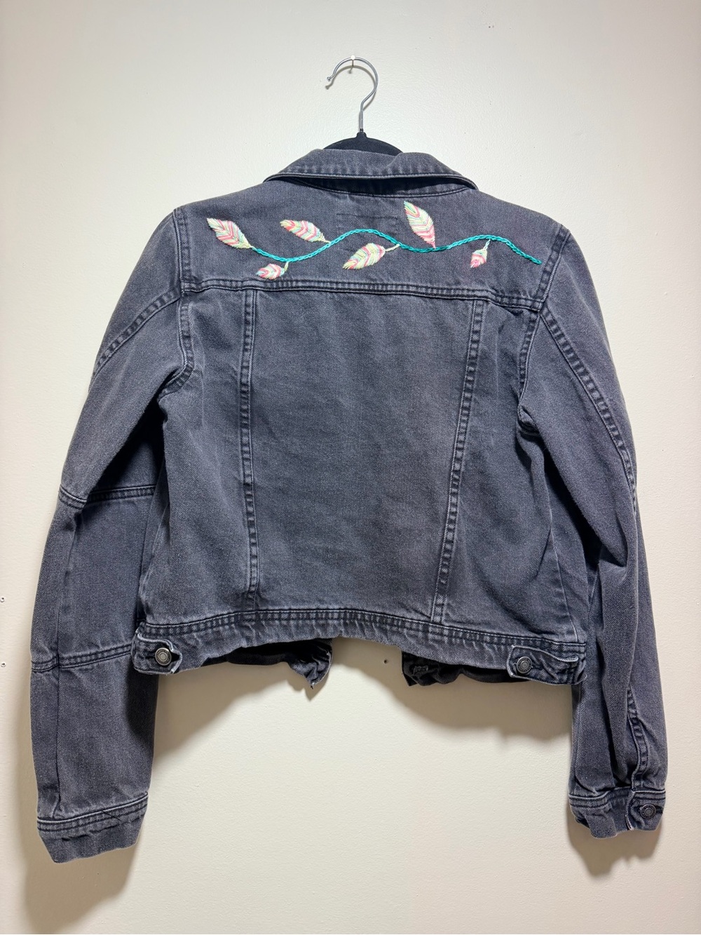 We The Free Faded Black HAND EMBROIDERED Feather Denim Jacket